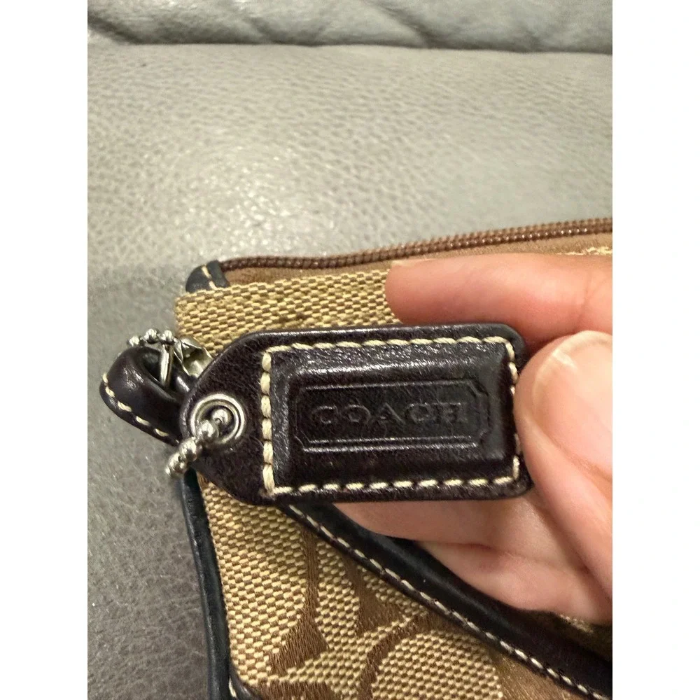 Coach Signature Jacquard Wristlet Khaki Brown Monogram Leather Trim Small Bag